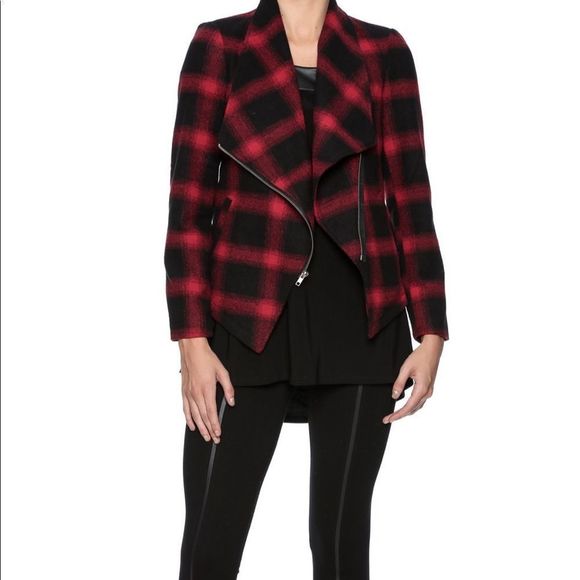 BB Dakota Jackets & Blazers - BB Dakota Red Black Plaid Asymmetric Zip Moto Jacket Size Small